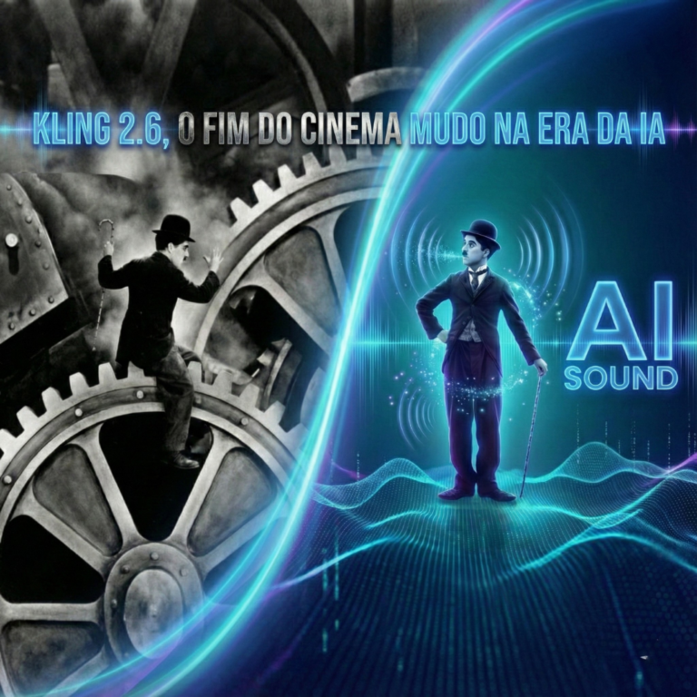 Montagem comparando Charlie Chaplin em Tempos Modernos com versão futurista de IA representando o Kling 2.6