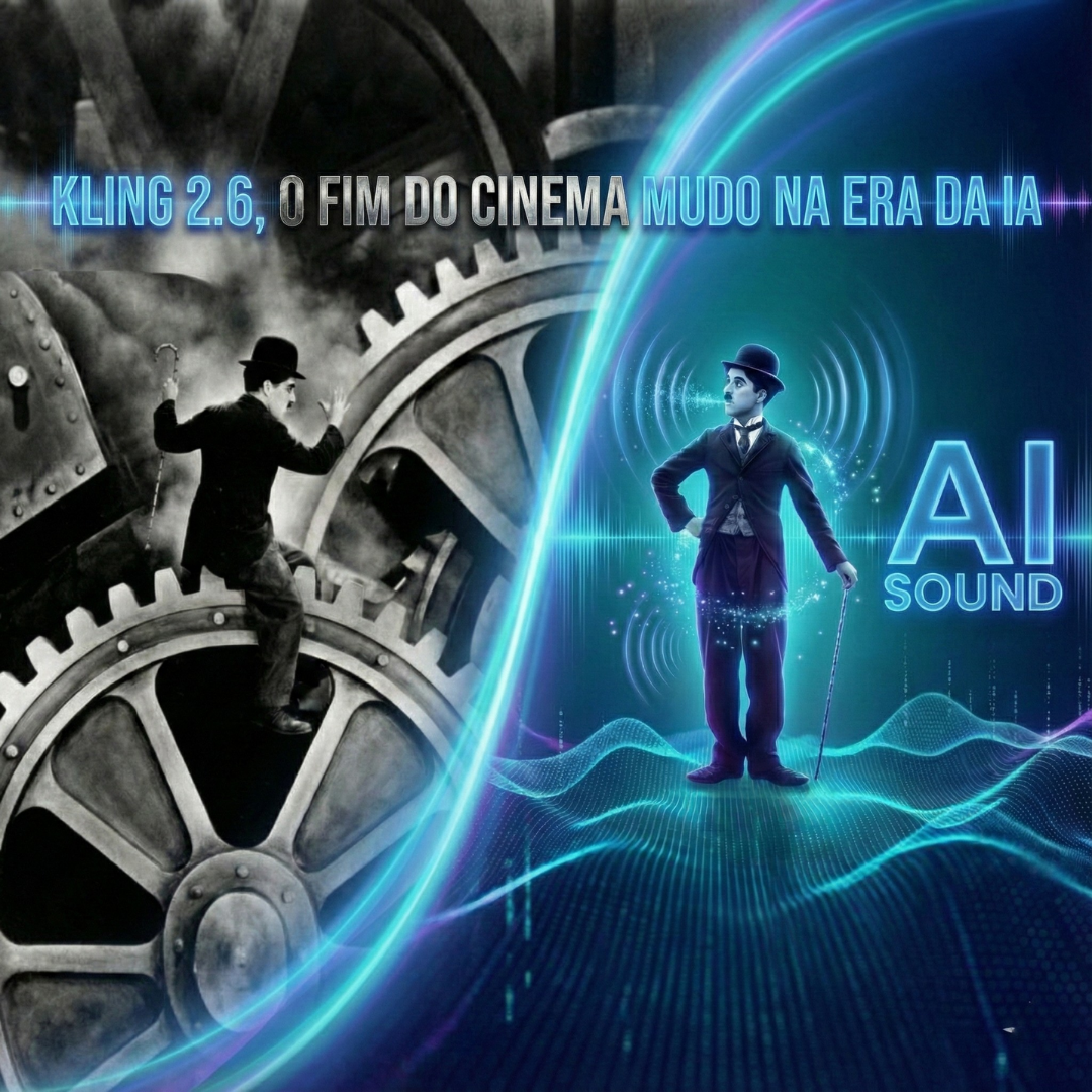 Montagem comparando Charlie Chaplin em Tempos Modernos com versão futurista de IA representando o Kling 2.6